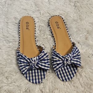 Diba Blue Gingham Bow Slide Sandals Flats Summer‎ Shoes,Sz 8 M